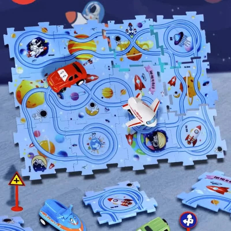 Circuit-puzzle educativo con veicoli elettrici 