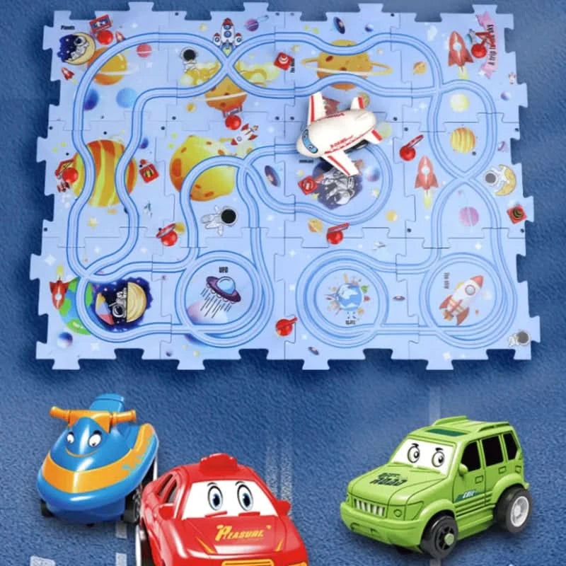 Circuit-puzzle educativo con veicoli elettrici 